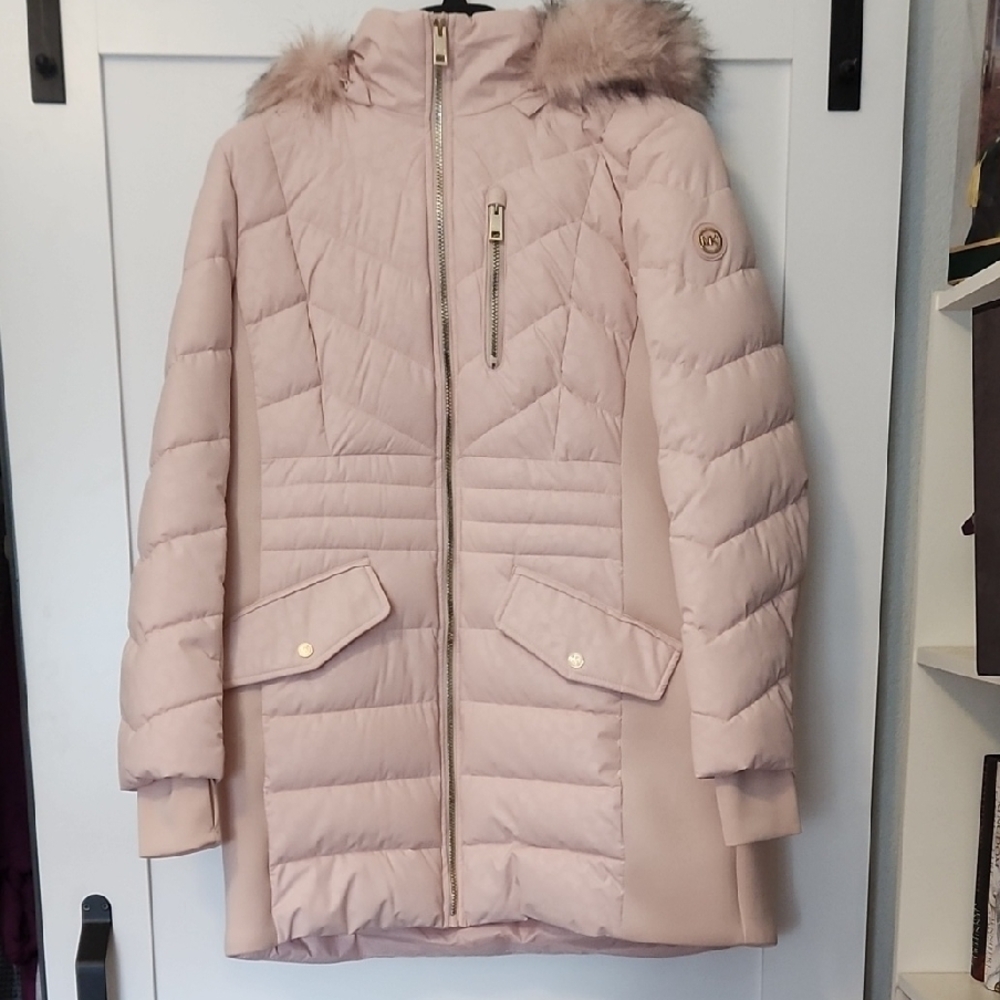 Women's Pink Quilted Jacket with Faux Fur Hood